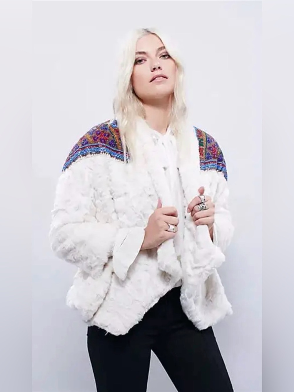 Free People Patched in Pride Faux Fur Jacket with beaded shoulders